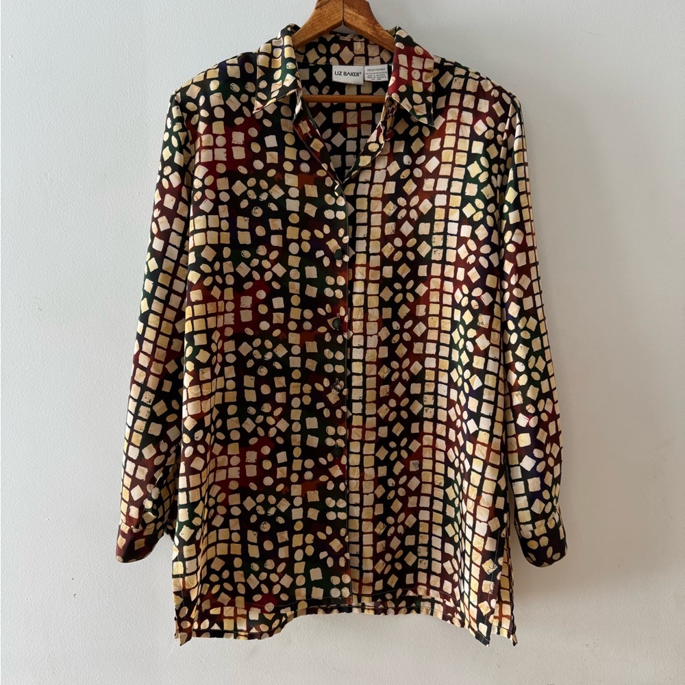 Liz Baker Shirt Blouse Multi Color Button Vintage Long Sleeve Sz Medium, 80s 90s